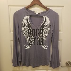 Rock Star Gray Keyhole V Neck Bell Sleeve Graphic